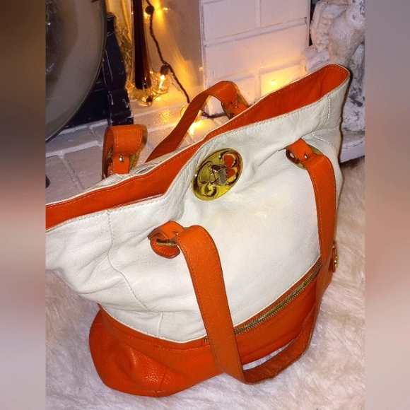 Emma Fox Colorblock Shoulder Bag. Goldtone Hardware. Double Sided. Logo. Orange. - Picture 5 of 13